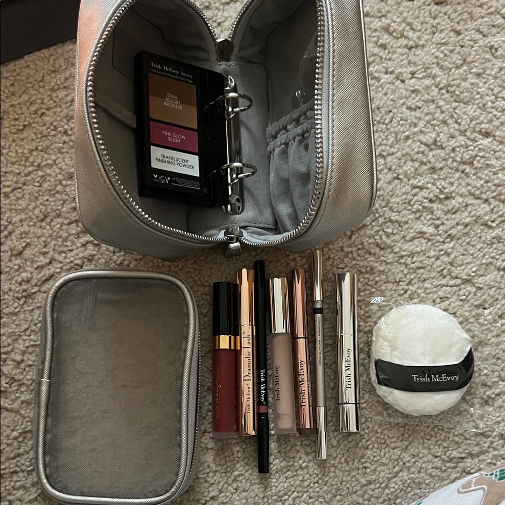 Trish McEvoy Silver Cosmetic Case with Assorted Lip and Eye Products